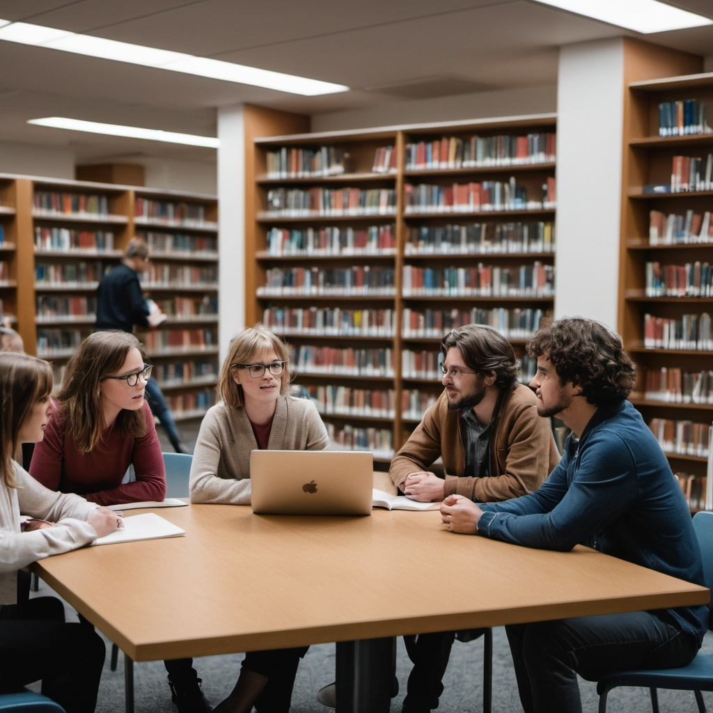 People in a library discussing